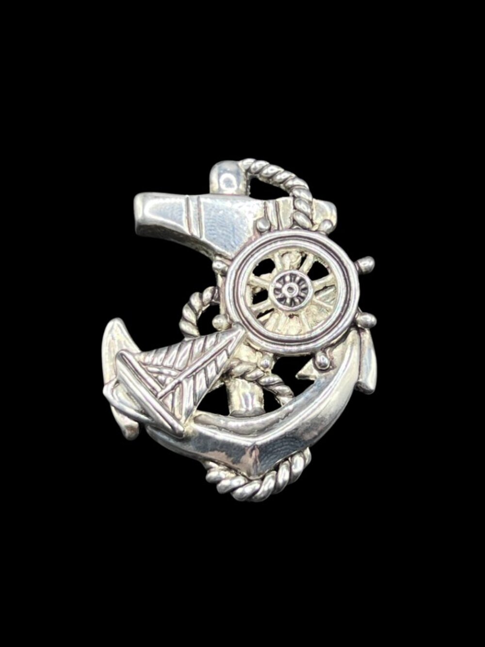 Vintage Nautical Anchor Brooch or Pendant Silver-Toned Metal Signed MJ